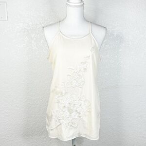 Ann Taylor White Beige Embroidered Beaded Racerback Tank Blouse Petite Medium